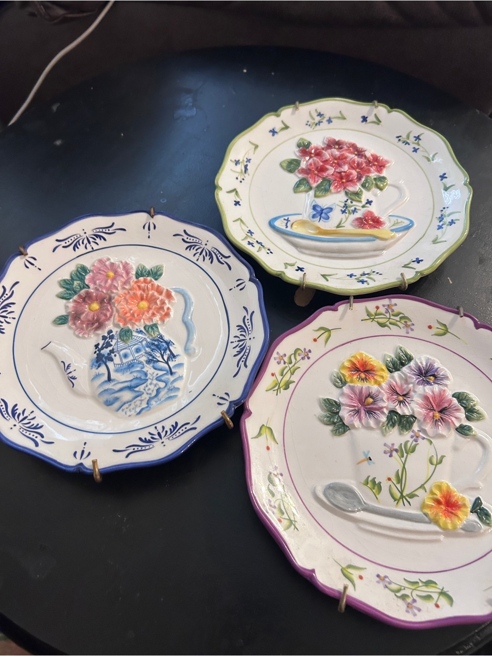 Decorative Floral Ceramic Plates- Pink, Purple, Green wall decor vtg cottage cor